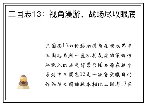 三国志13：视角漫游，战场尽收眼底