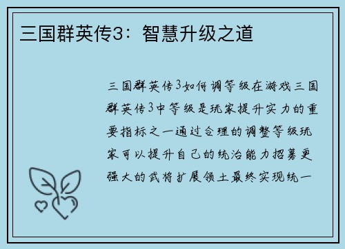 三国群英传3：智慧升级之道